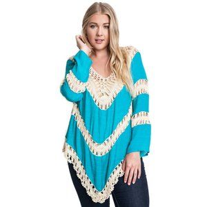 umgee Bohemian  Crochet Trim Tunic, Teal   NWT